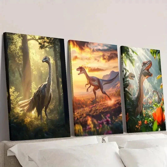 3pcs Feathered Dinosaurs in Forest Illustrations Wall Art Set Canvas Framed 40x60cm - High Quality Print 100% Australian Made Wall Canvas Ready to Hang