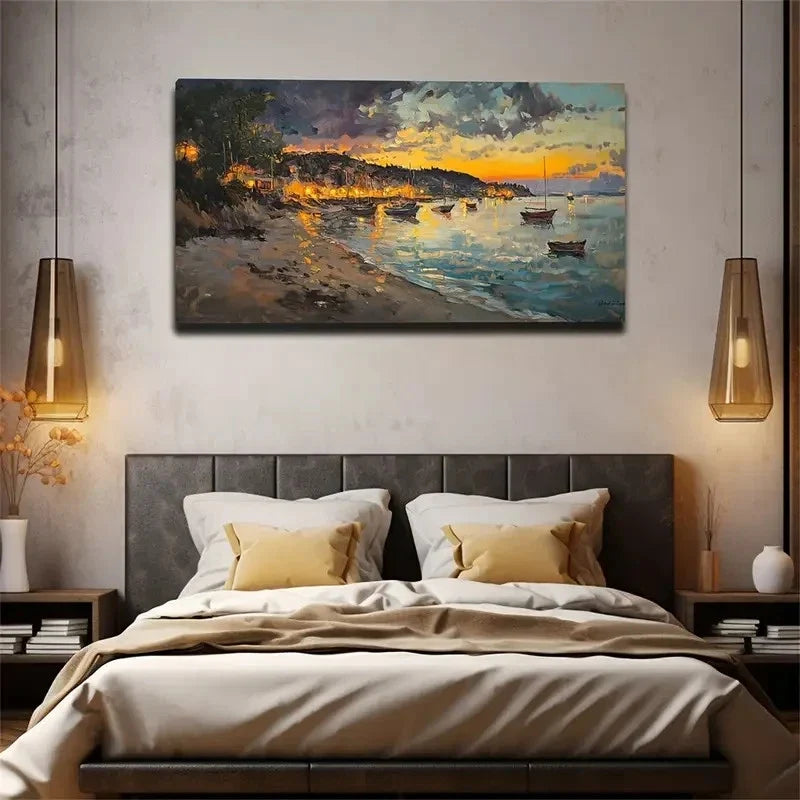 Serene Beach Sunset Fishing Wall Art Canvas Office Home Room Framed 120x60cm