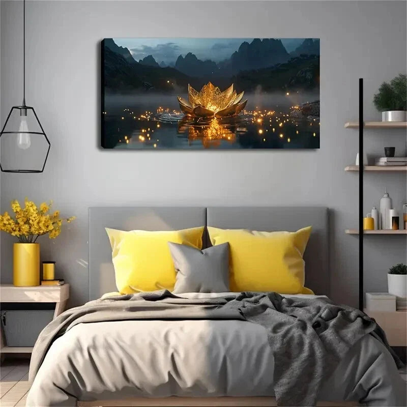 Gold Lotus-Shaped Object Water Wall Art Canvas Office Home Room Framed 80x45cm