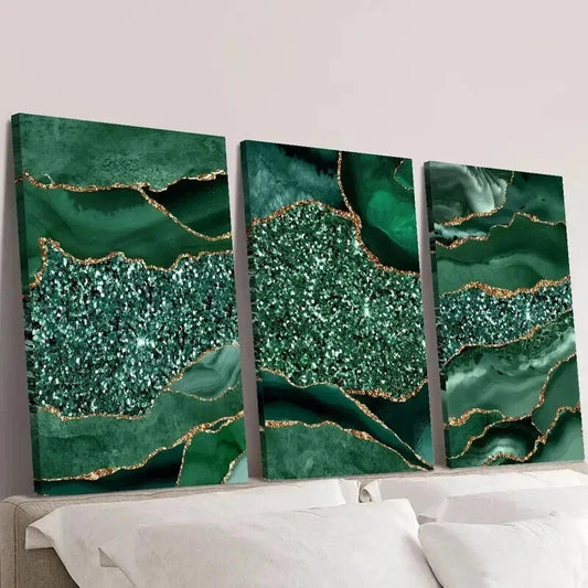 3pcs Green Agate Golden Glitter Texture Wall Art Set Canvas Framed 40x60cm - High Quality Print 100% Australian Made Wall Canvas Ready to Hang