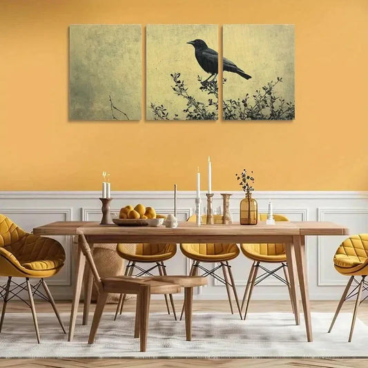 3pcs Contemporary Crow & Olive Tree Metal Print Ready to Hang Art