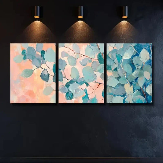 3pcs Summer Rainbow Eucalyptus Peach & Aqua Metal Print Ready to Hang Art