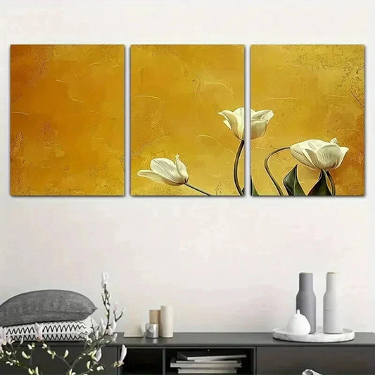 3pcs Elegant White Flowers on Golden Background Wall Art Set Canvas Framed 40x60cm - High Quality Print 100% Australian Made Wall Canvas Ready to Hang