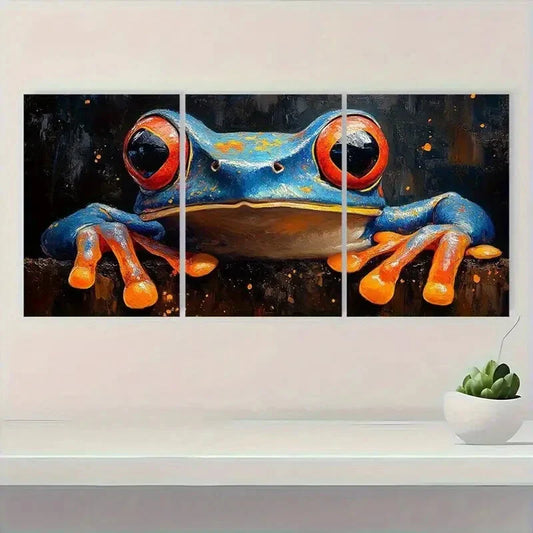 3pcs Vibrant Blue Tree Frog Painting Metal Print Ready to Hang Art
