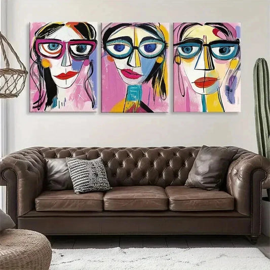 3pcs Colorful Faces Glasses Geometric Perfect Wall Art Set Canvas Framed 40x60cm - High Quality Print 100% Australian Made Wall Canvas Ready to Hang