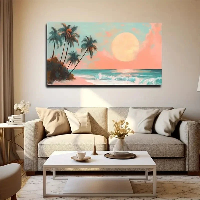 Beach Sunset With Palm Trees Wall Art canvas office home room framed 120x60cm