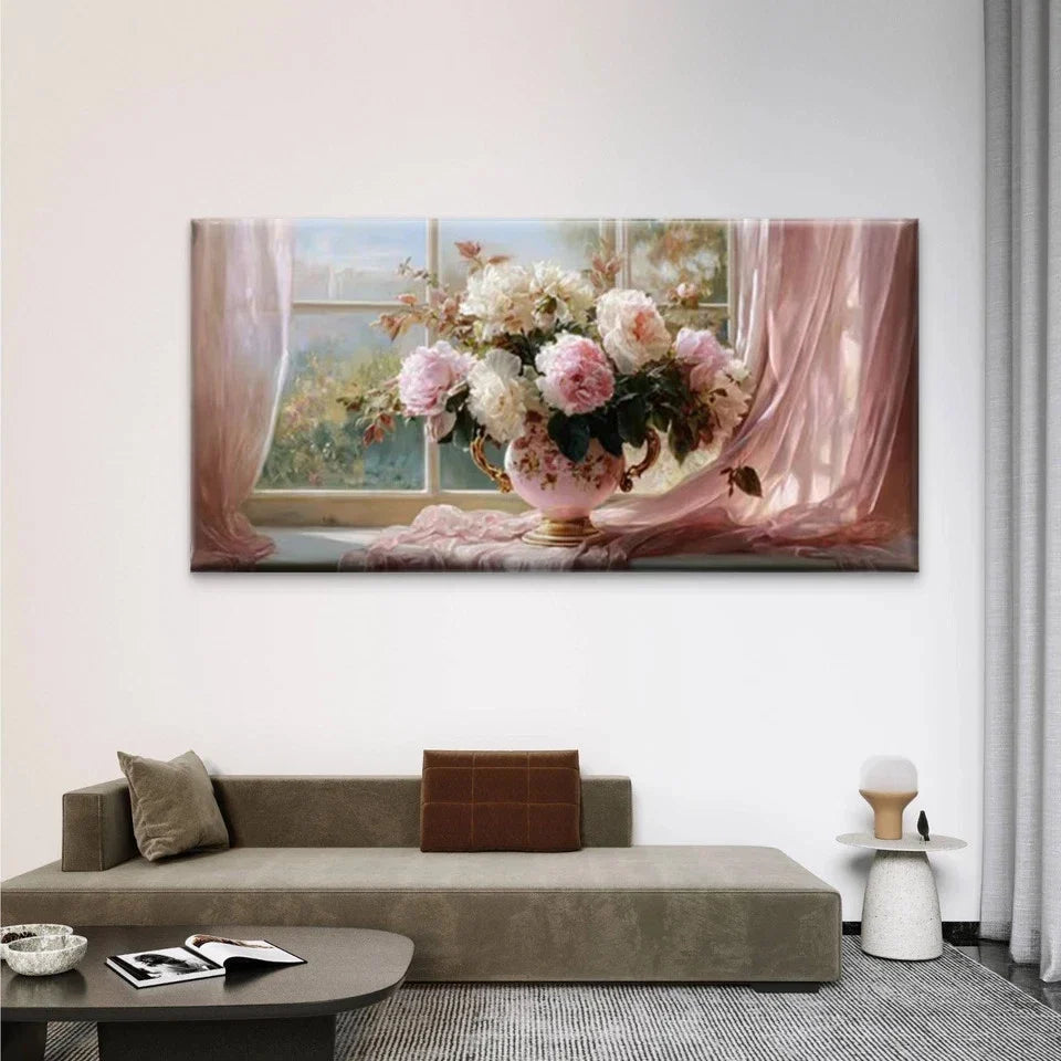 Pink Floral Vase Wall Art Canvas Office Home Room Framed 80x45cm