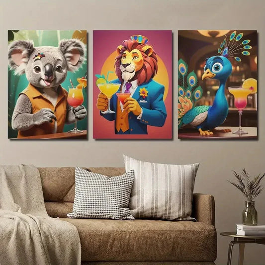 3pcs Quirky Animal Cocktail Koala Lion & Peacock Metal Print Ready to Hang Art