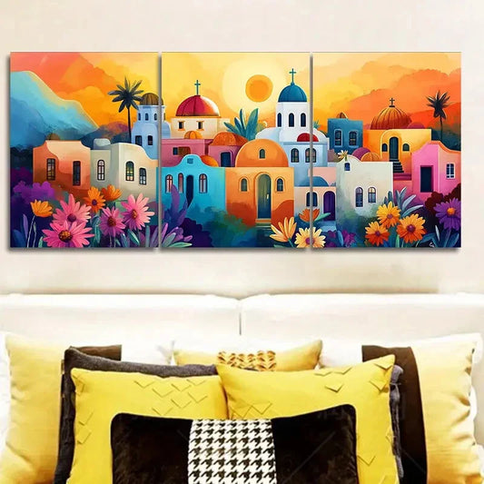 3pcs s Greek island style town Wall Art Set Canvas Framed 40x60cm - High Quality Print 100% Australian Made Wall Canvas Ready to Hang