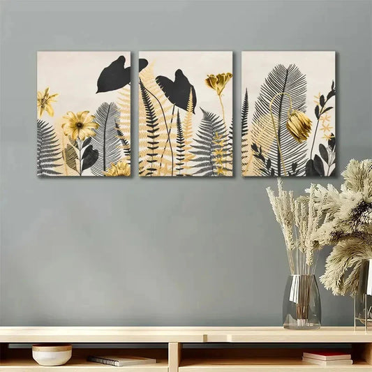 3pcs Golden & Black Foliage Design Metal Print Ready to Hang Art