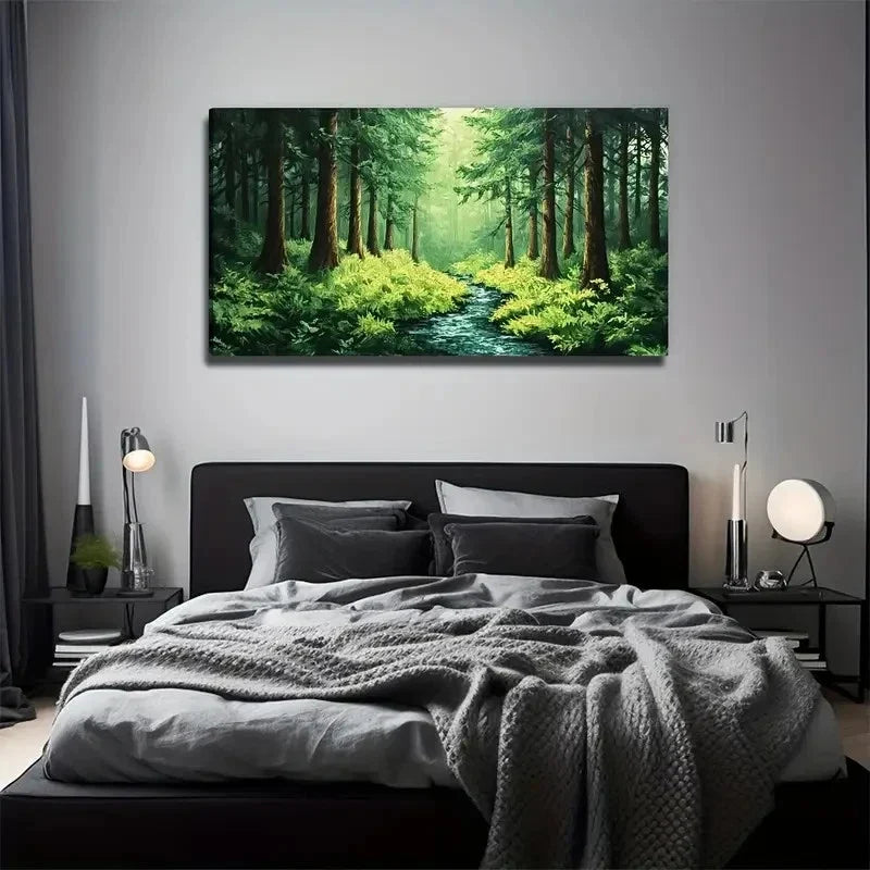 Lush Forest & Stream Perfect Wall Art Canvas Office Home Room Framed 80x45cm