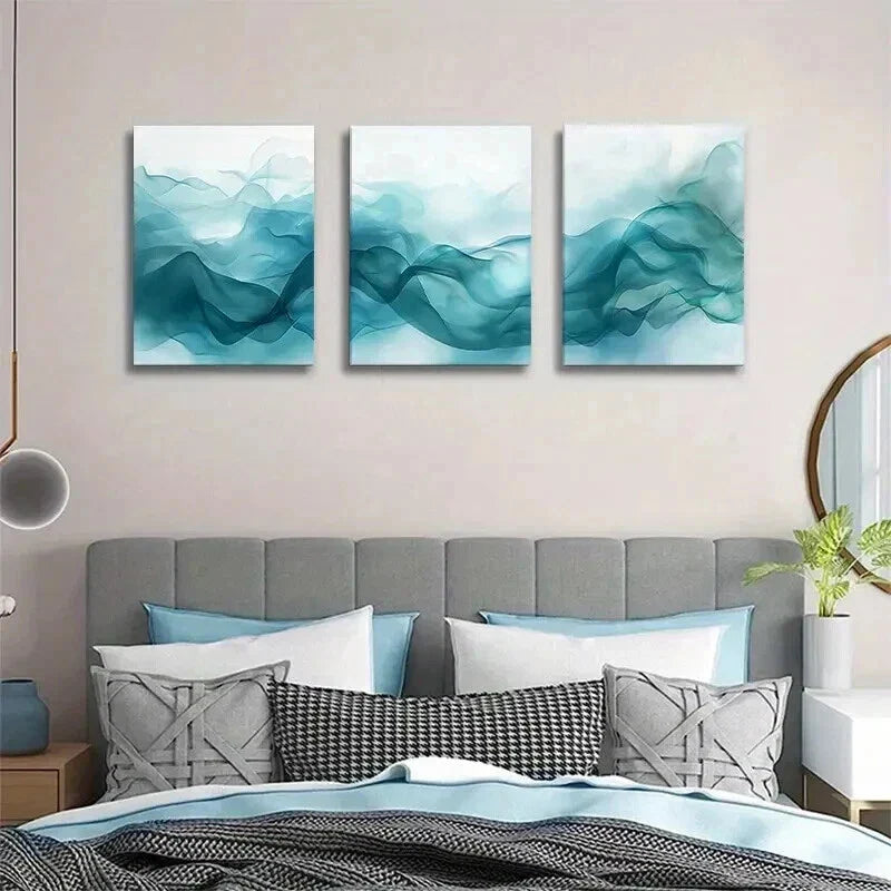 3pcs Minimalist Fluid Teal Wave Design Wall Art Set Canvas Framed 40x60cm - High Quality Print 100% Australian Made Wall Canvas Ready to Hang