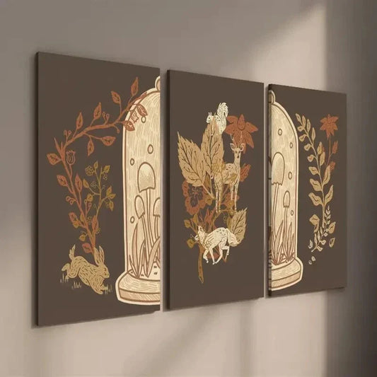 3pcs Earthy Brown Plant Leaves Illustration Wall Art Set Canvas Framed 40x60cm - High Quality Print 100% Australian Made Wall Canvas Ready to Hang