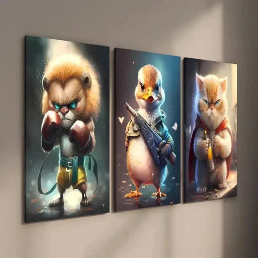 3pcs Lion Cub Soldier Duck & Superhero Kitten Wall Art Set Canvas Framed 40x60cm - High Quality Print 100% Australian Made Wall Canvas Ready to Hang