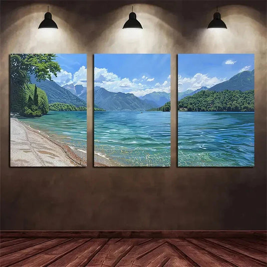 3pcs Beautiful Turquoise Lake Surrounded By Green Metal Print Ready to Hang Art