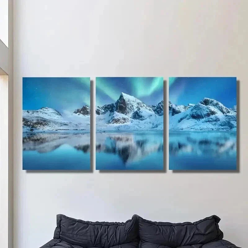 3pcs Northern Lights Over Lake in Norway Wall Art Set Canvas Framed 40x60cm - High Quality Print 100% Australian Made Wall Canvas Ready to Hang