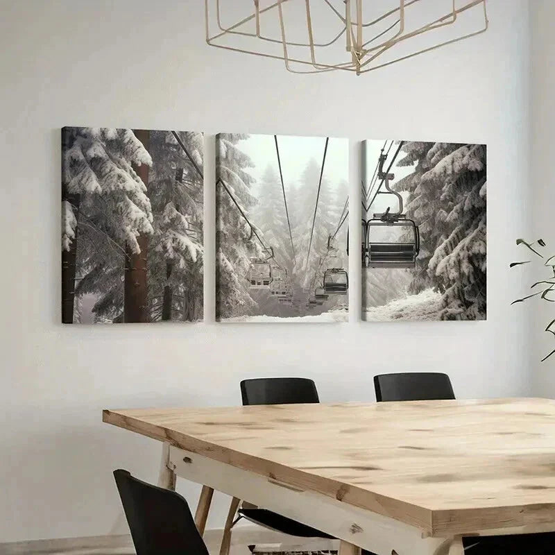 3pcs Snow Winter Scene Ski Chairlift Wall Art Set Canvas Framed 40x60cm - High Quality Print 100% Australian Made Wall Canvas Ready to Hang