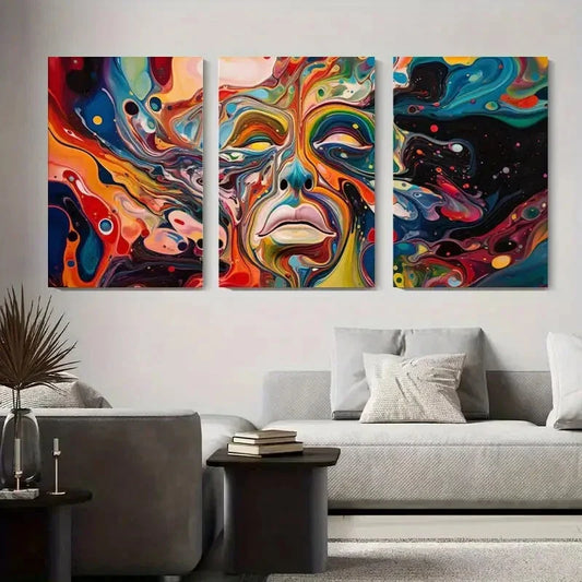 3pcs Abstract Face with Colorful Swirls Metal Print Ready to Hang Art