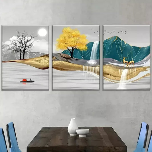 3pcs Modern Abstract Golden Nature Landscape Wall Art Set Canvas Framed 40x60cm - High Quality Print 100% Australian Made Wall Canvas Ready to Hang