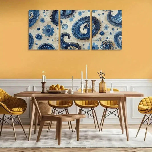 3pcs Blue & White Floral & Geometric Patterns Wall Art Set Canvas Framed 40x60cm - High Quality Print 100% Australian Made Wall Canvas Ready to Hang