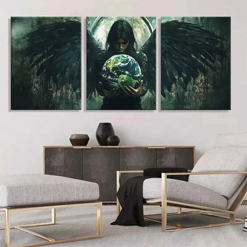 3pcs Dark Angel and Globe Mysterious Perfect Wall Art Set Canvas Framed 40x60cm - High Quality Print 100% Australian Made Wall Canvas Ready to Hang