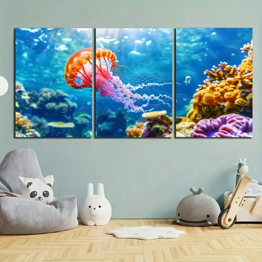 3pcs Marine Creatures Jelly Fish Metal Print Ready to Hang Art