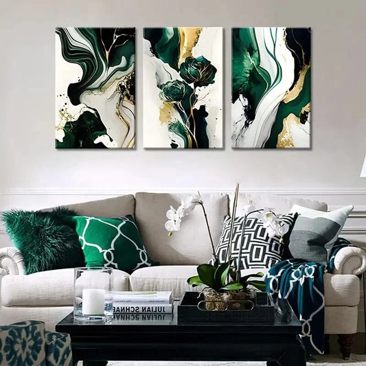 3pcs Emerald Green & Golden Abstract Marble Print Ready to Hang Art