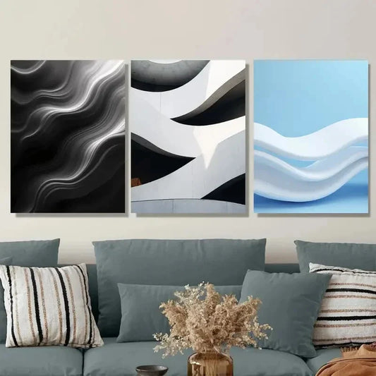 3pcs Black & White Geometric Modern Abstract Metal Print Ready to Hang Art