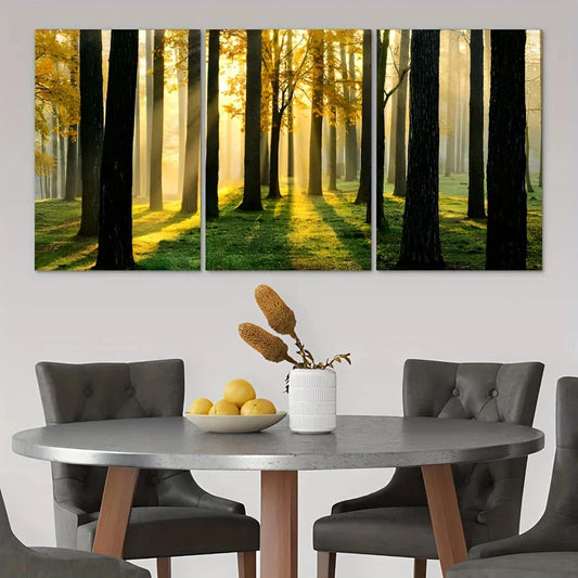 3pcs Forest Trees Sunshine Mid Century Modern Metal Print Ready to Hang Art
