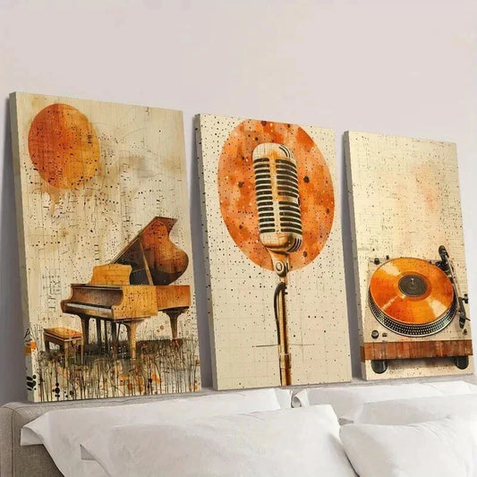 3pcs Golden Piano Microphone & Vinyl Record Wall Art Set Canvas Framed 40x60cm - High Quality Print 100% Australian Made Wall Canvas Ready to Hang