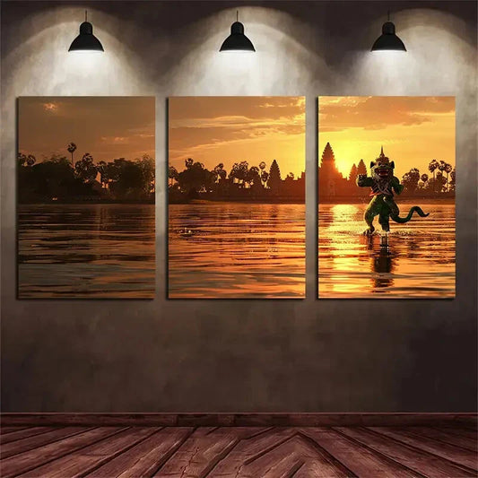 3pcs Sunset Vibrant Green Figure & Ancient Ruins Metal Print Ready to Hang Art