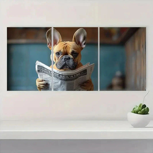 3pcs Funny French Bulldog Whimsical Dog Reading Metal Print Ready to Hang Art