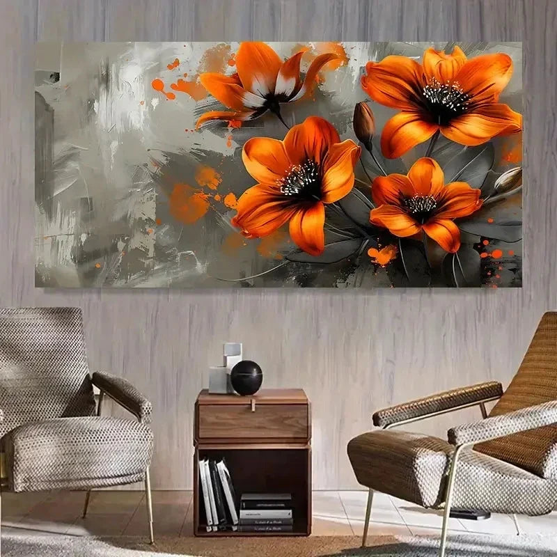 Orange Flowers & Gray Abstract Wall Art Canvas Office Home Room Framed 80x45cm