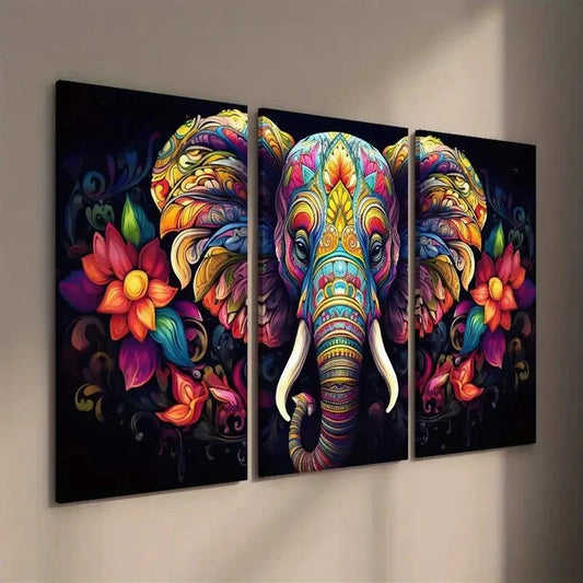 3pcs Colorful Elephant & Floral Wall Art Set Canvas Framed 40x60cm - High Quality Print 100% Australian Made Wall Canvas Ready to Hang