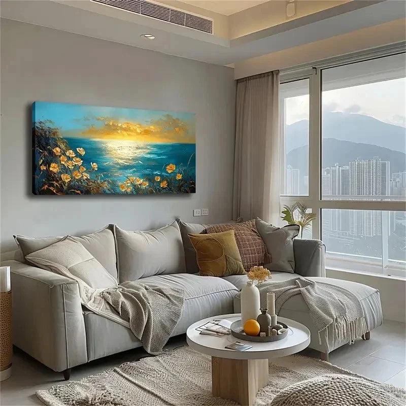 Warm Yellow Sky Blue Sea Blend Wall Art Canvas Office Home Room Framed 120x60cm