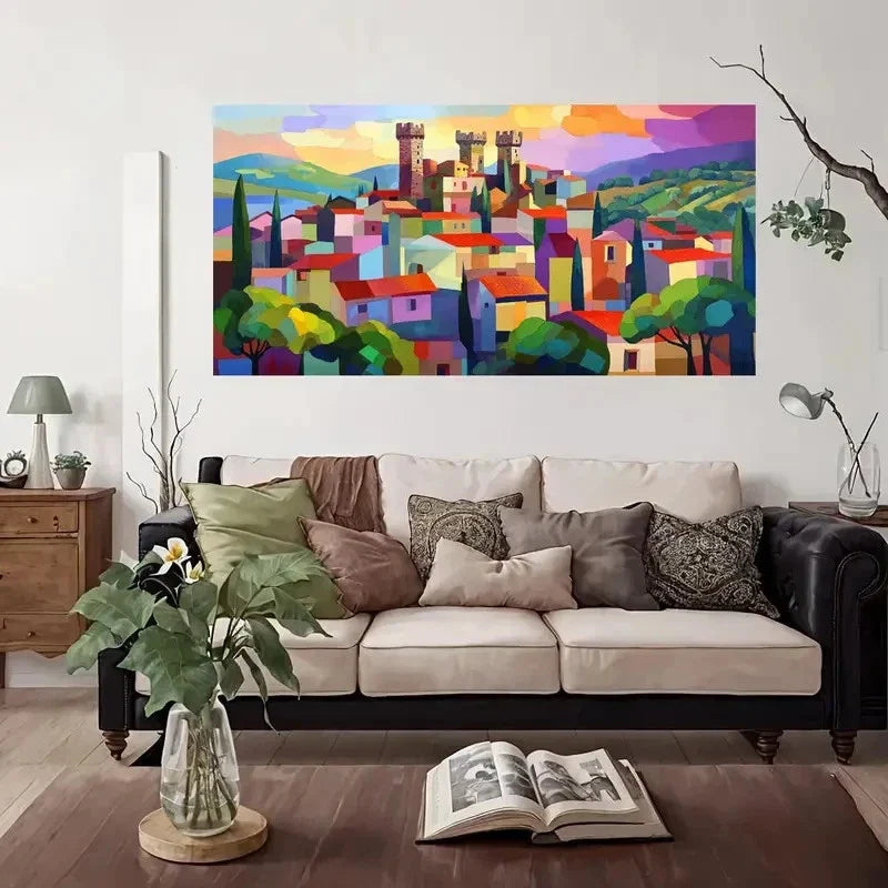 European Village Landscape Wall Art Canvas Office Home Room Framed 80x45cm