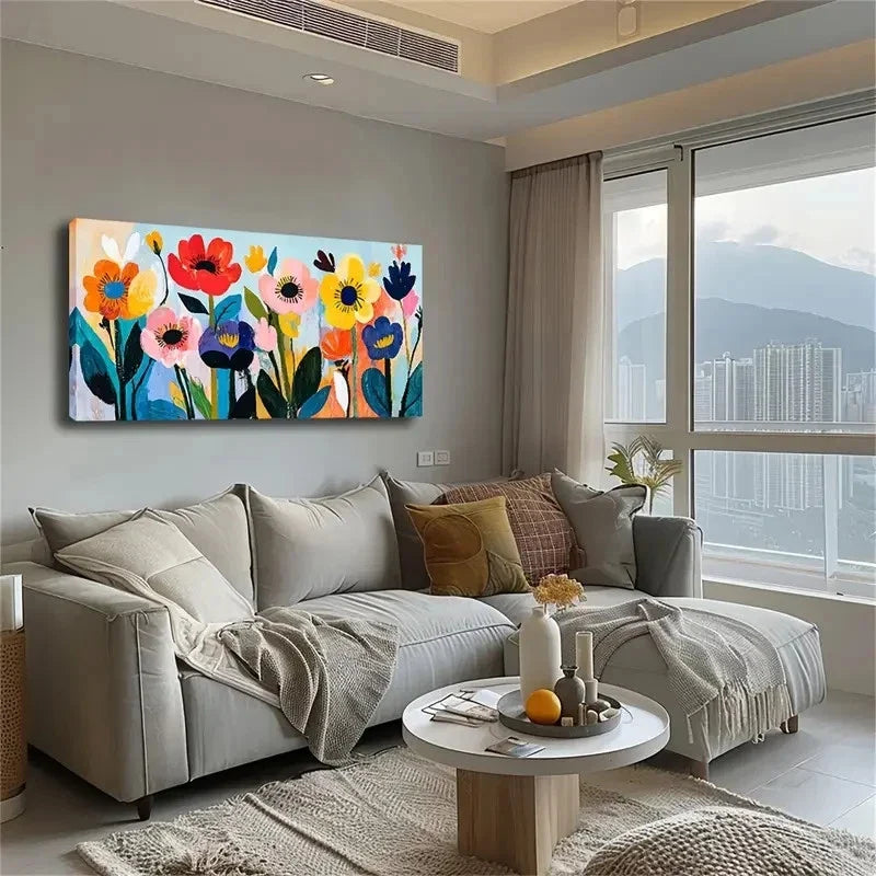 Vibrant Hand-Painted Flowers Wall Art Canvas Office Home Room Framed 120x60cm