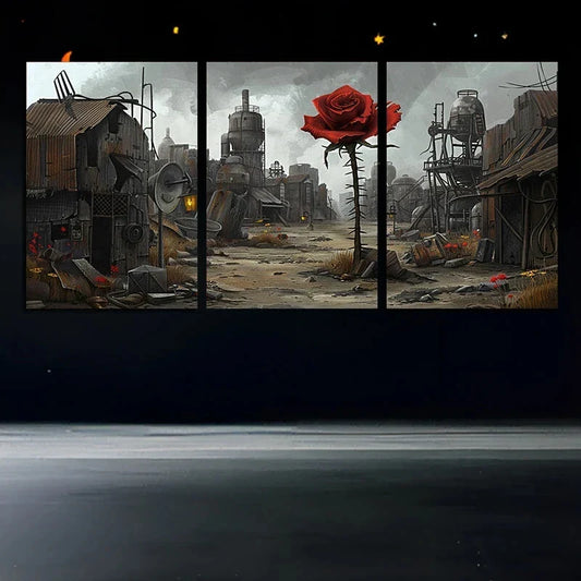 3pcs Ruins with Vibrant Red Rose Metal Print Ready to Hang Art