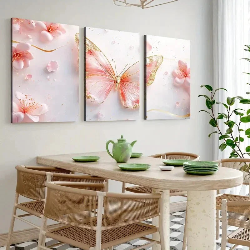 3pcs Abstract Geometric Pink & Golden Butterfly Wall Art Set Canvas Framed 40x60cm - High Quality Print 100% Australian Made Wall Canvas Ready to Hang