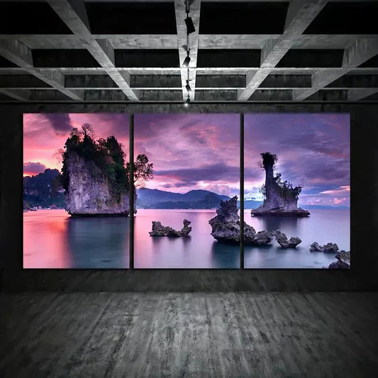 3pcs Sunset Rocks Scenic Stones Purple Metal Print Ready to Hang Art