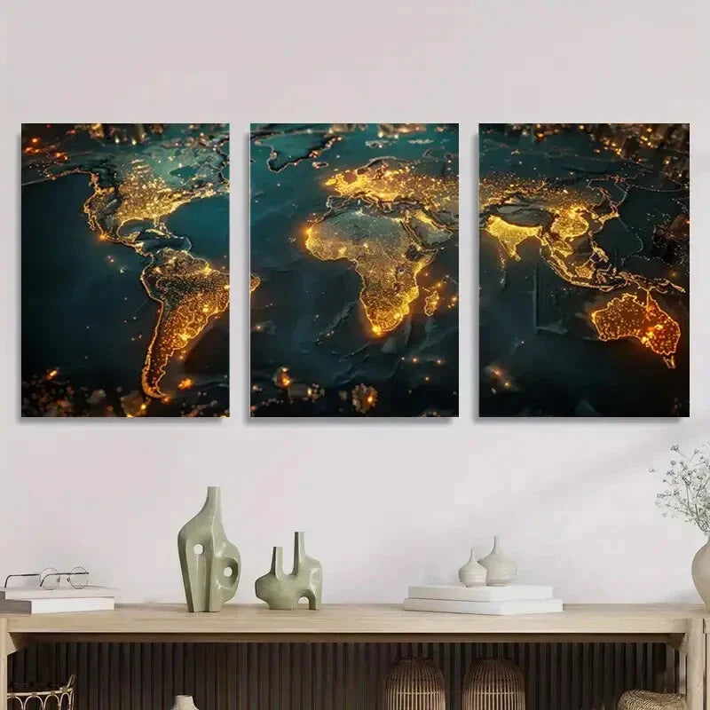 3pcs Golden Illuminated Cityscape Abstract Metal Print Ready to Hang Art