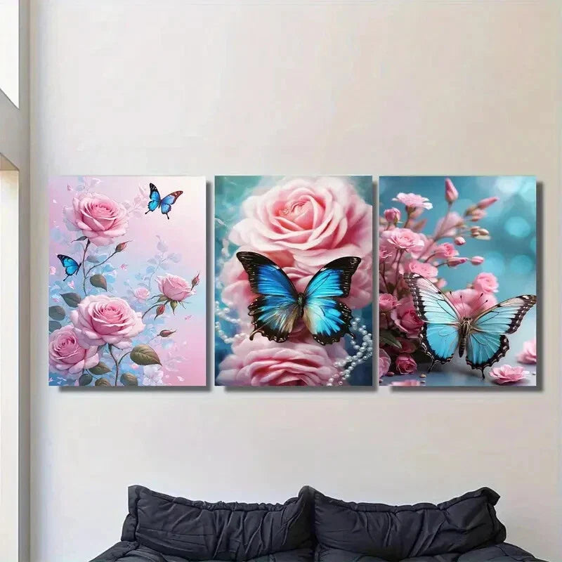 3pcs Beautiful Butterfly and Rose Metal Print Ready to Hang Art