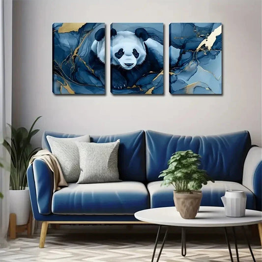 3pcs Panda Blue Golden Marble Abstract Perfect Wall Art Set Canvas Framed 40x60cm - High Quality Print 100% Australian Made Wall Canvas Ready to Hang