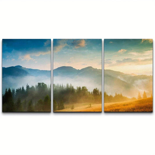3pcs Morning Mountain Forest with Fog & Nature Metal Print Ready to Hang Art
