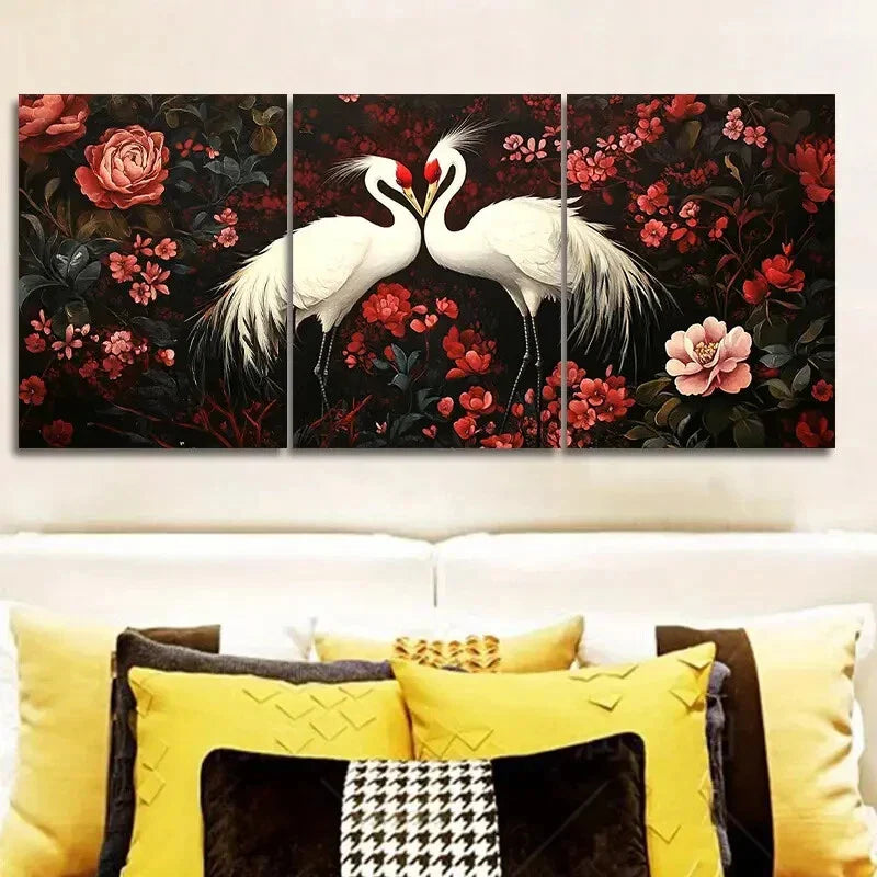 3pcs The white crane is in the peach forest Metal Print Ready to Hang Art