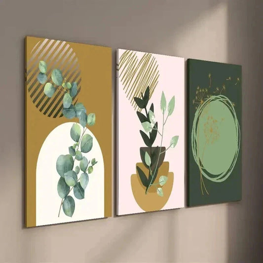 3pcs Green & Golden Eucalyptus Leave & Dandelion Wall Art Set Canvas Framed 40x60cm - High Quality Print 100% Australian Made Wall Canvas Ready to Hang