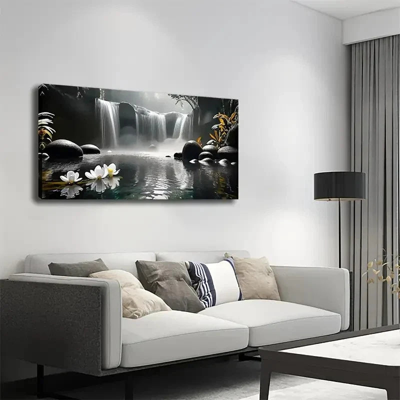 Serene Waterfall And Lily Pond Wall Art Canvas Office Home Room Framed 120x60cm