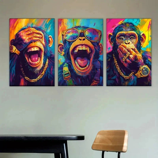 3pcs Featuring Three Monkeys with Open Mouths Wall Art Set Canvas Framed 40x60cm - High Quality Print 100% Australian Made Wall Canvas Ready to Hang