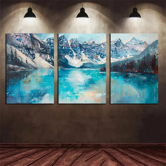 3pcs Beautiful Turquoise Lake Surrounded Green Metal Print Ready to Hang Art