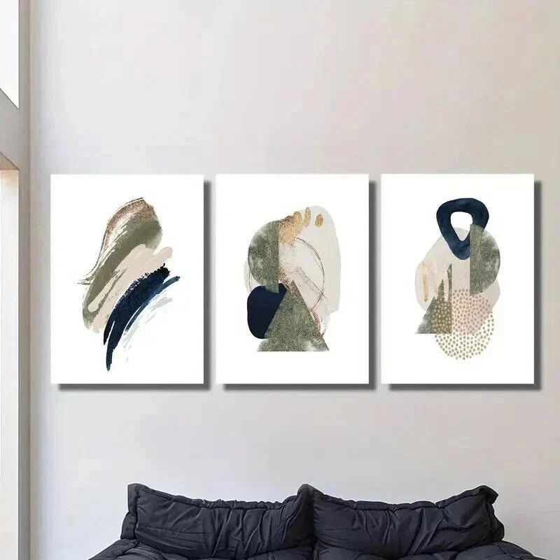 3pcs Green Black Cream Geometric Decoration Wall Art Set Canvas Framed 40x60cm - High Quality Print 100% Australian Made Wall Canvas Ready to Hang
